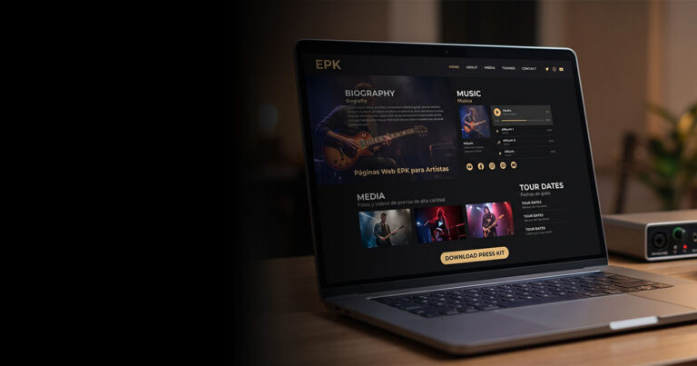Página web EPK para artistas en un portátil