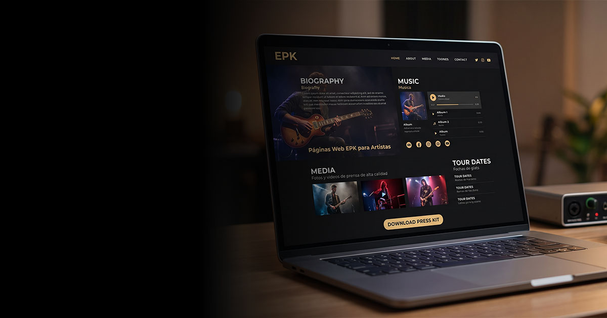 Página web EPK para artistas en un portátil